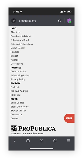 透过深网匿名访问ProPublica,使用Tor浏览器。